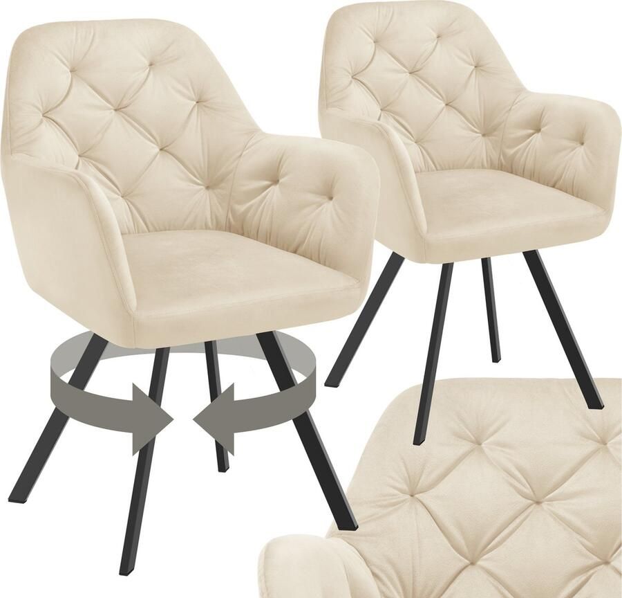 Tectake Draaistoel in fluweellook Eetkamerstoel met armleuningen Ergonomische zitting en rugleuning 180 graden draaibaar Moderne stoel met stalen poten kleuren Set van 2 Crème