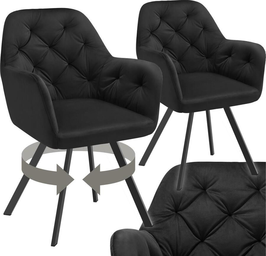 Tectake Eetkamerstoel Set van 2 Draaibare Fluwelen Fauteuil Woonkamerstoel Gewatteerde Fauteuil Comfortabele Stoel met Armleuningen Zachte Zitting Voor Woonkamer Eetkamer Kantoor Zwart