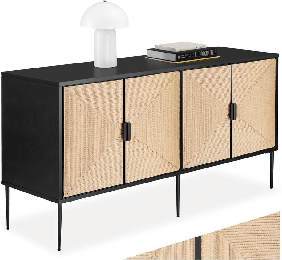 Tectake Dressoir Juna 150 x 47 x 77 cm Houten Kast met Boho Jute-Look 2 Opbergvakken met Magnetische Deuren en Tussenplanken TV-Meubel Opbergkast met Deuren