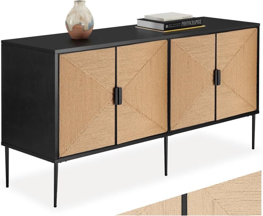 Tectake Dressoir Juna 150 x 47 x 77 cm Kast met Boho Hout Jute-Look 2 Opbergvakken met Magnetische Deuren en Tussenplanken TV Meubel Opbergkast met Deuren Zwart Landelijk - Foto 2