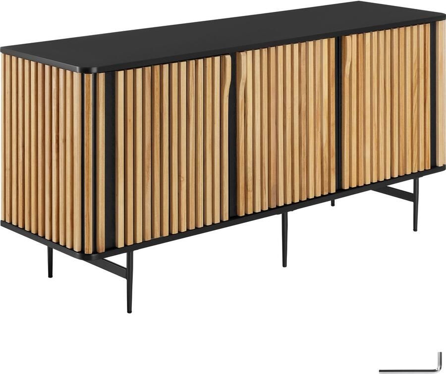 Tectake Dressoir Lineo 156 x 45 5 x 74 cm Houten Kast met Lamellenlook 3 Opbergvakken met Magnetische Deuren en Tussenplanken TV-Meubel Opbergkast Keukenkast Commode - Foto 2