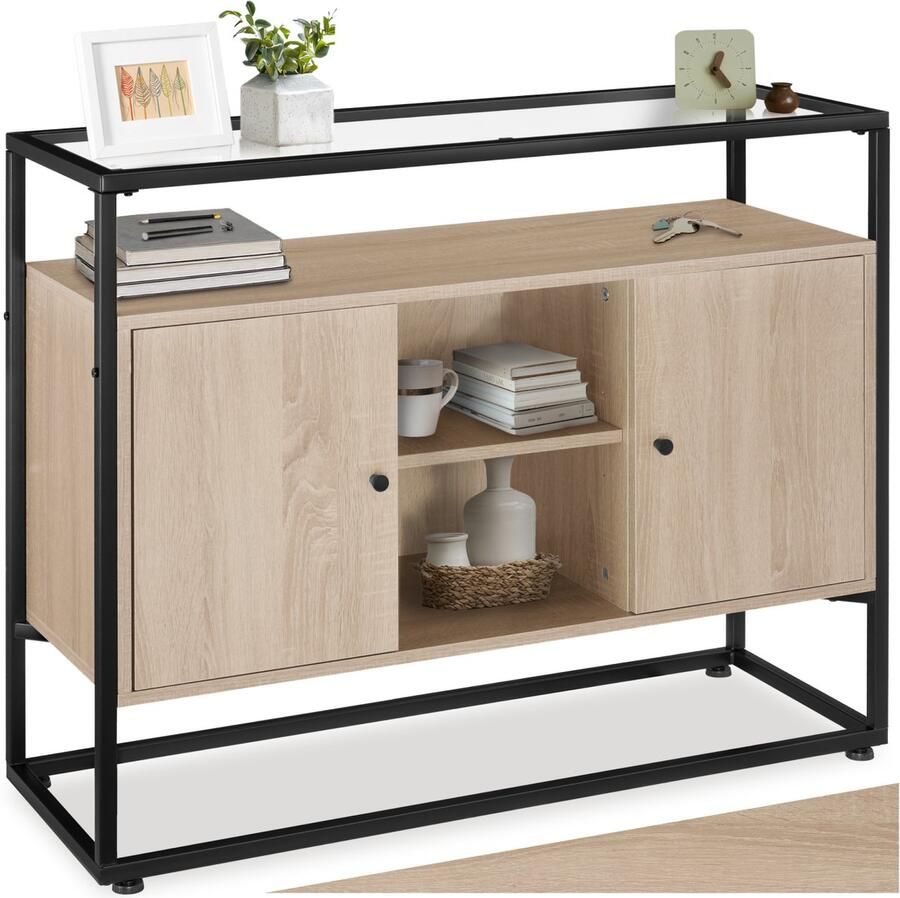 Tectake Dressoir met 2 kasten en glazen blad Bijzettafel met planken en magnetische deuren Industrieel design Zwart metalen frame Afmeting (LxBxH) 100 x 38 x 80 5 cm Lichtbruin
