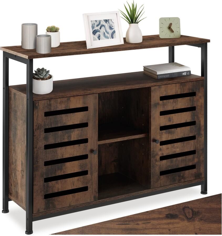 Tectake Dressoir Wandkast met 2 deuren en open planken Houten keukenkast Industrieel design Bijzettafel met plank Zwart metalen frame Afmeting (LxBxH) 100 x 37 x 82 cm Donkerbruin