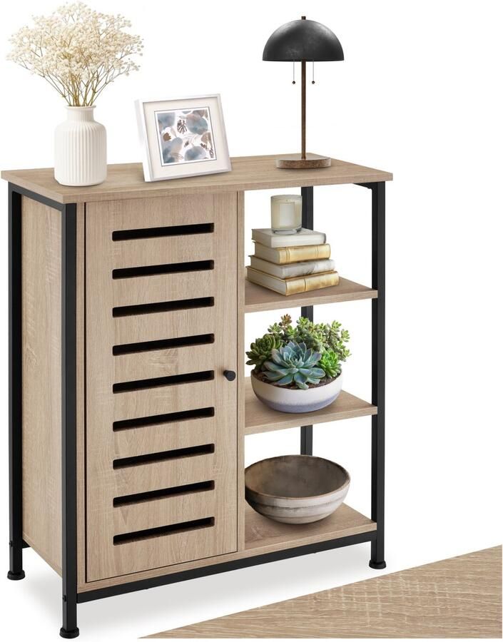 Tectake Dressoir wandkast met 3 vakken en kastvak Industrieel design Houten ladekast voor woonkamer hal keuken badkamer Afmeting (LxBxH) 71 x 32 x 82 cm Zwart metalen frame Deur links Lichtbruin