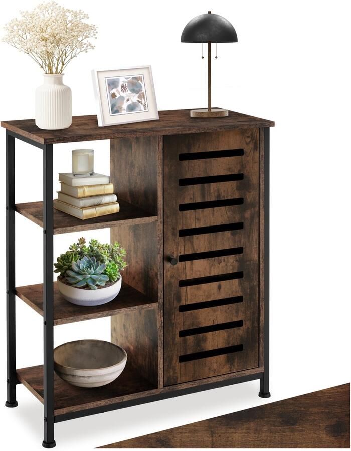 Tectake Dressoir wandkast met 3 vakken en kastvak Industrieel design Houten ladekast voor woonkamer hal keuken badkamer Afmeting (LxBxH) 71 x 32 x 82 cm Zwart metalen frame Deur rechts Donkerbruin