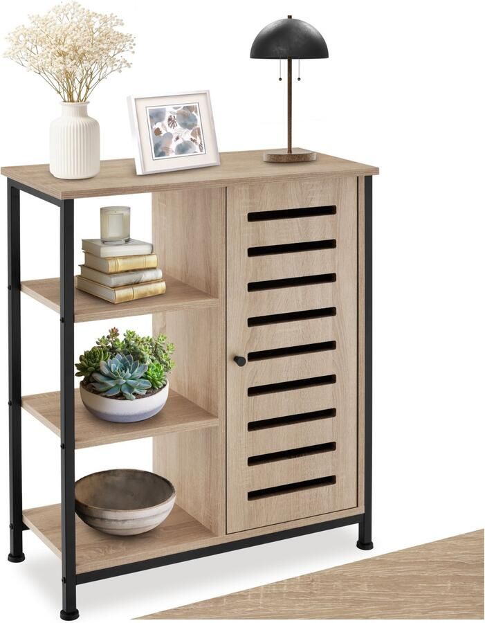 Tectake Dressoir wandkast met 3 vakken en kastvak Industrieel design Houten ladekast voor woonkamer hal keuken badkamer Afmeting (LxBxH) 71 x 32 x 82 cm Zwart metalen frame Deur rechts Lichtbruin