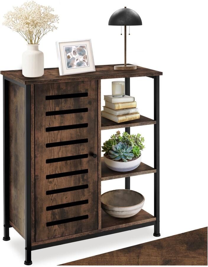 Tectake Dressoir wandkast met 3 vakken en kastvak Industrieel design Houten ladekast voor woonkamer hal keuken badkamer Afmeting (LxBxH) 71 x 32 x 82 cm Zwart metalen frame Deur links Donkerbruin