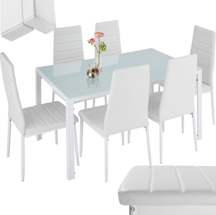 Tectake Eetkamergroep met Eettafel en 6 Eetkamerstoelen Duurzaam Kunstleer en Robuust Tafelblad van Veiligheidsglas (Wit-Wit Nr. 404382) - Foto 2