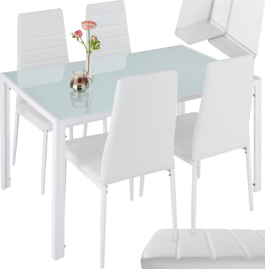 Tectake Eetkamergroep met 4 stoelen Tafel met glazen blad Eetgroep voor 4 personen Set van 4 eetkamerstoelen met kunstleer Geschikt voor woonkamer keuken kantoor Wit - Foto 2