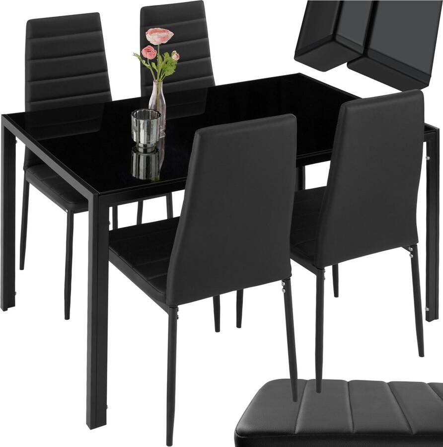 Tectake Eetkamergroep met 4 stoelen Tafel met glazen blad Eetgroep voor 4 personen Set van 4 eetkamerstoelen met kunstleer Geschikt voor woonkamer keuken kantoor Zwart - Foto 2