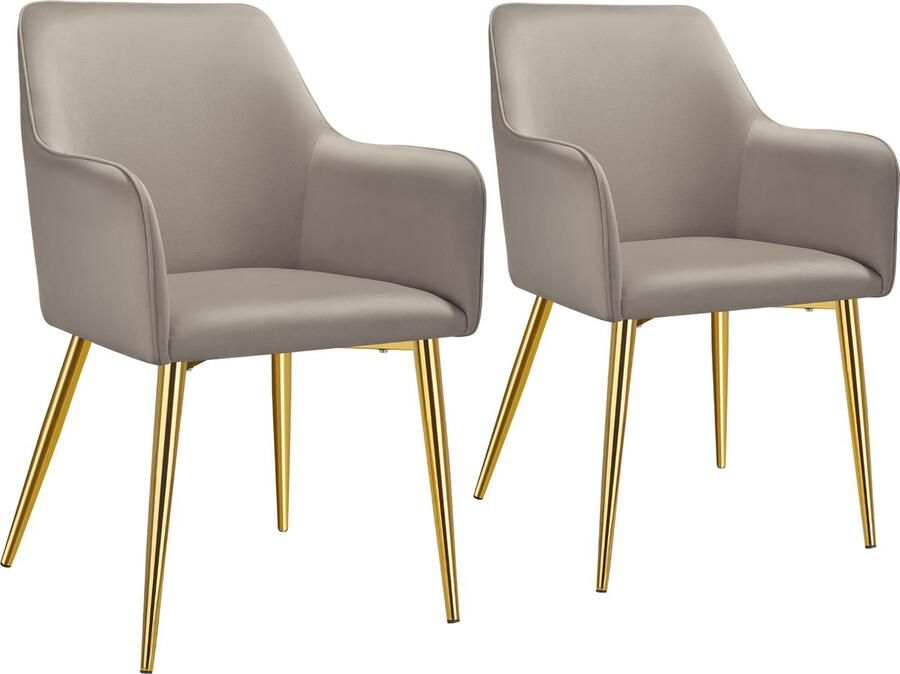 Tectake Eetkamerstoel Avane Fluweellook Gestoffeerde stoel met ergonomische armleuningen Slanke stalen gouden poten Draagkracht 120 kg Comfortabele eetkamer- en keukenstoel Set van 2 Taupe - Foto 2