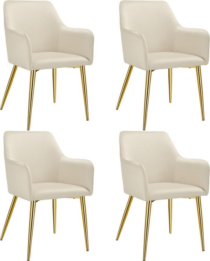 Tectake Eetkamerstoel Avane Fluweellook Gestoffeerde stoel met ergonomische armleuningen Slanke stalen gouden poten Draagkracht 120 kg Comfortabele eetkamer- en keukenstoel Set van 4 Beige - Foto 2