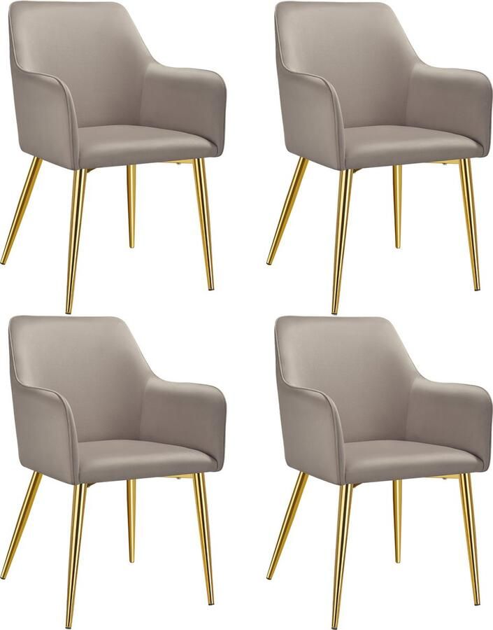 Tectake Eetkamerstoel Avane Fluweellook Gestoffeerde stoel met ergonomische armleuningen Slanke stalen gouden poten Draagkracht 120 kg Comfortabele eetkamer- en keukenstoel Set van 4 Taupe - Foto 2