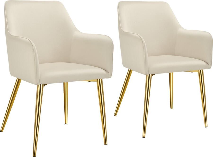Tectake Eetkamerstoel Avane Fluweellook Gestoffeerde stoel met ergonomische armleuningen Slanke stalen gouden poten Draagkracht 120 kg Comfortabele eetkamer- en keukenstoel Set van 2 Beige - Foto 2