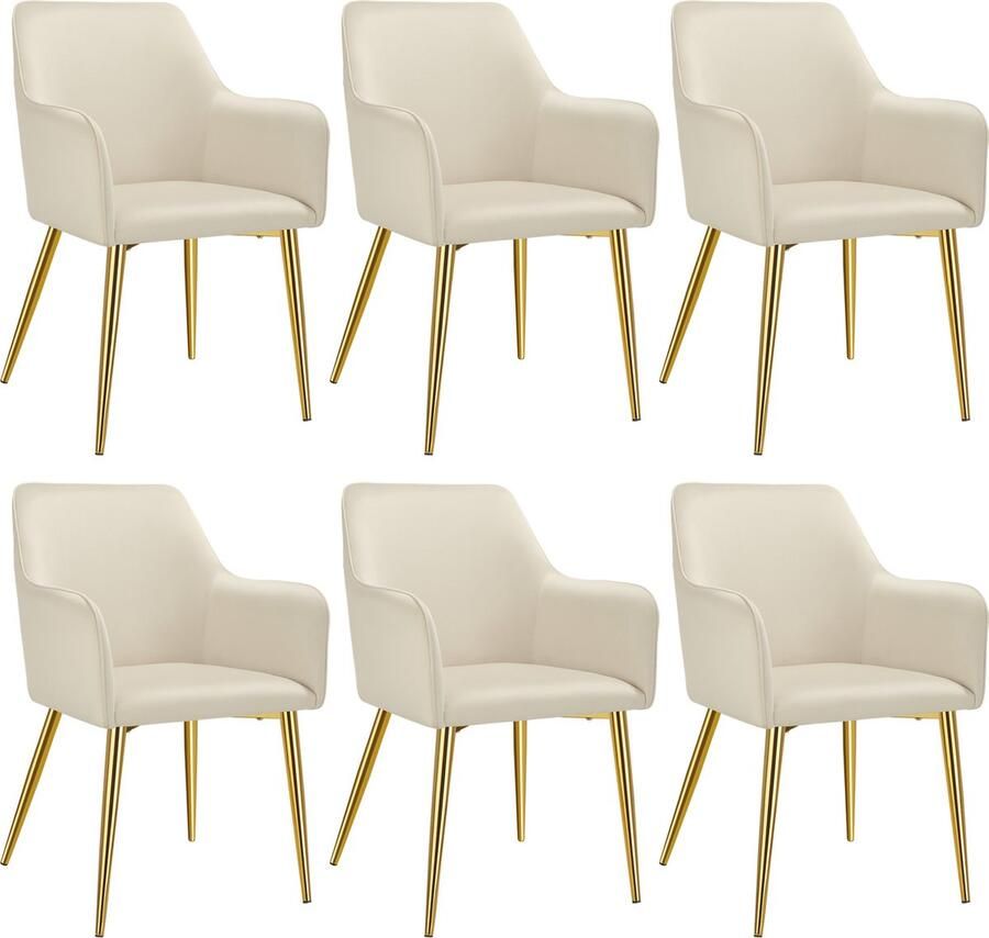 Tectake Eetkamerstoel Avane Fluweellook Gestoffeerde stoel met ergonomische armleuningen Slanke stalen gouden poten Draagkracht 120 kg Comfortabele eetkamer- en keukenstoel Set van 6 Beige - Foto 2