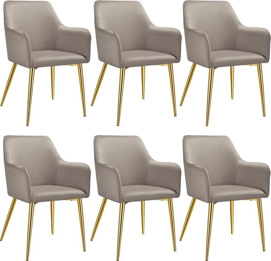 Tectake Eetkamerstoel Avane Fluweellook Gestoffeerde stoel met ergonomische armleuningen Slanke stalen gouden poten Draagkracht 120 kg Comfortabele eetkamer- en keukenstoel Set van 6 Taupe - Foto 2