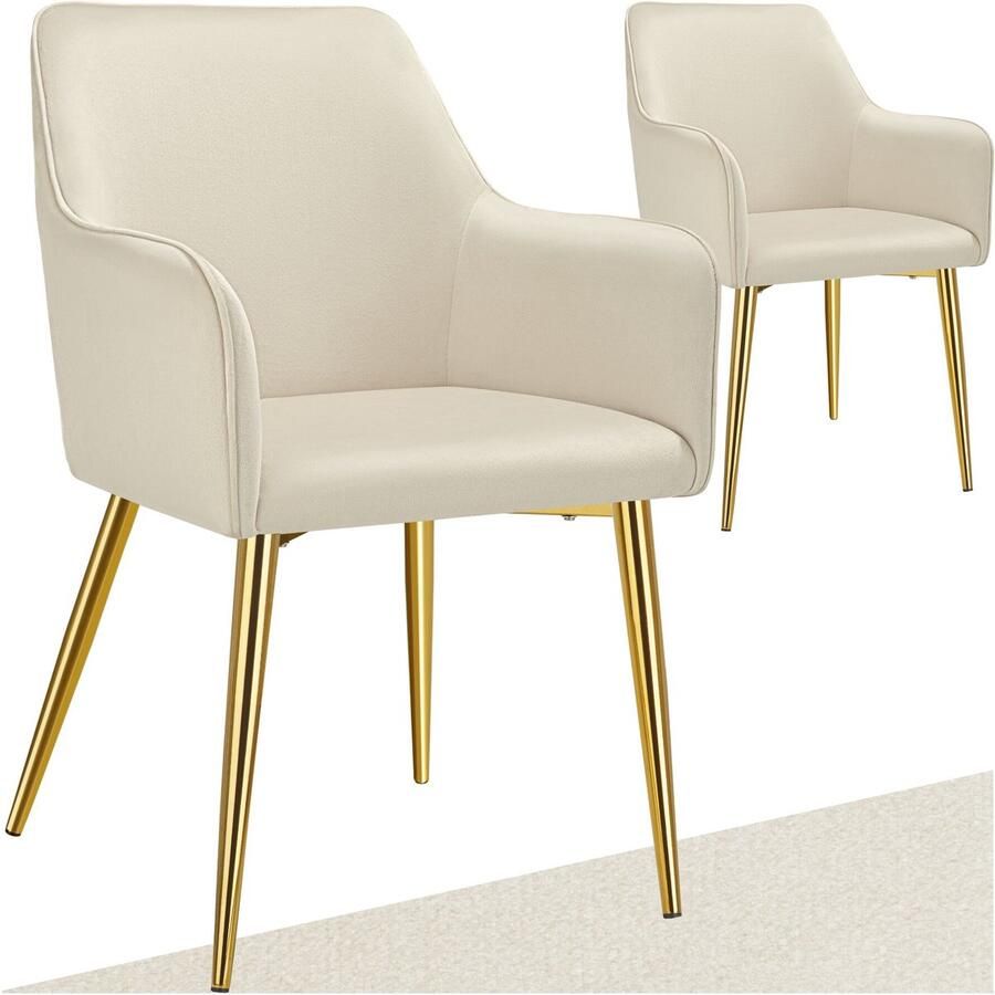 Tectake Eetkamerstoel Avane Fluweellook Gestoffeerde stoel met ergonomische armleuningen Slanke stalen gouden poten Draagkracht 120 kg Comfortabele eetkamer- en keukenstoel Set van 2 Beige