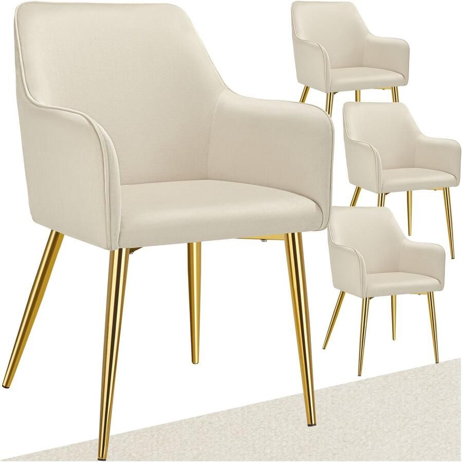 Tectake Eetkamerstoel Avane Fluweellook Gestoffeerde stoel met ergonomische armleuningen Slanke stalen gouden poten Draagkracht 120 kg Comfortabele eetkamer- en keukenstoel Set van 4 Beige