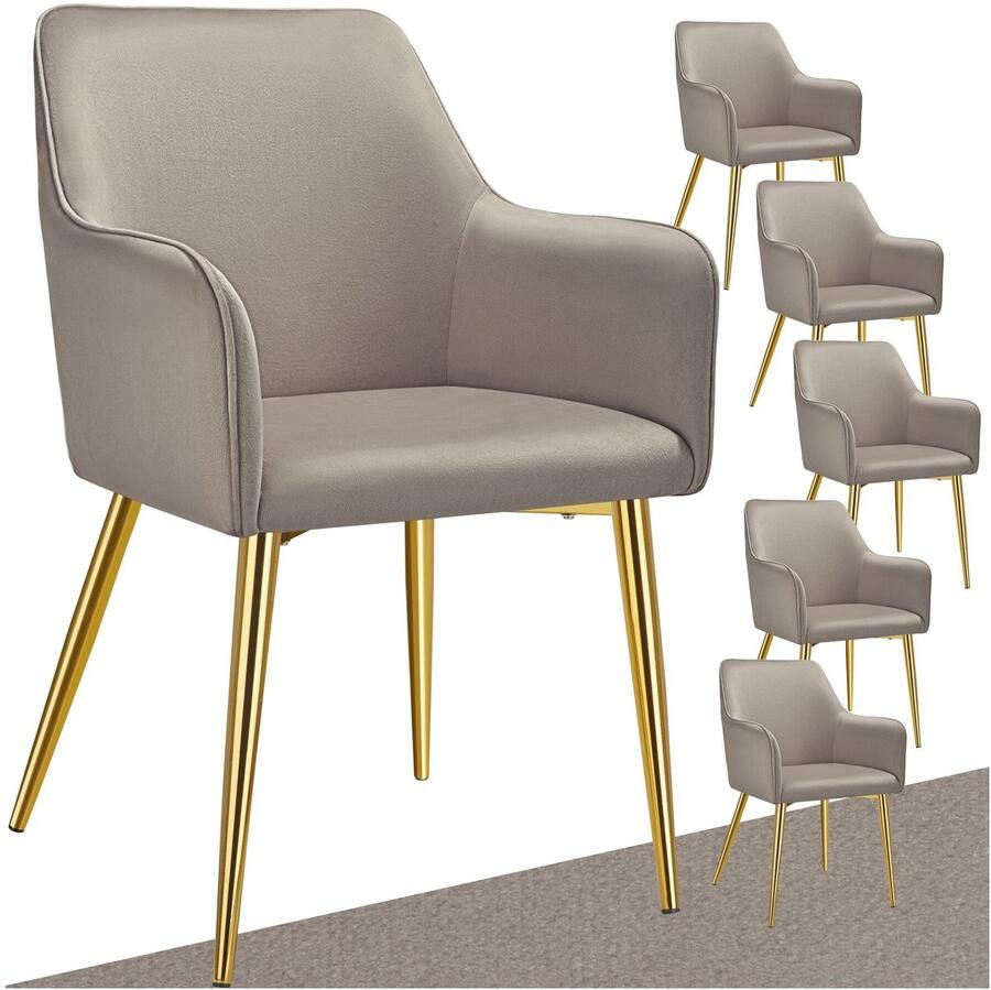 Tectake Eetkamerstoel Avane Fluweellook Gestoffeerde stoel met ergonomische armleuningen Slanke stalen gouden poten Draagkracht 120 kg Comfortabele eetkamer- en keukenstoel Set van 6 Taupe