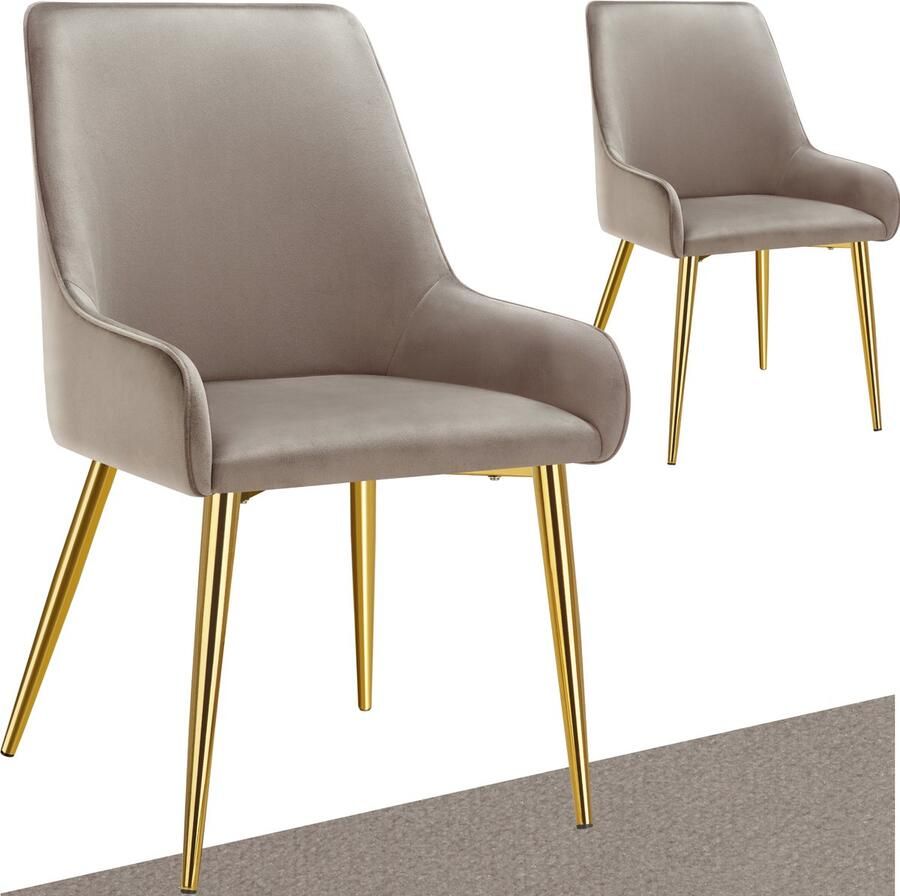 Tectake Eetkamerstoel Avane Fluweeloptiek Ergonomische Gestoffeerde Stoel met Gouden Stalen Poten Draagkracht 120 kg Moderne Woonkamer- en Keukenstoel Set van 2 – taupe
