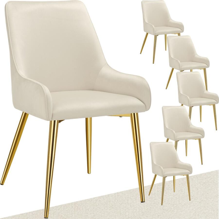 Tectake Eetkamerstoel Avane Fluweeloptiek Ergonomische gestoffeerde stoel met gouden stalen poten Draagkracht 120 kg Moderne eetkamer- en keukenstoel Set van 6 Beige