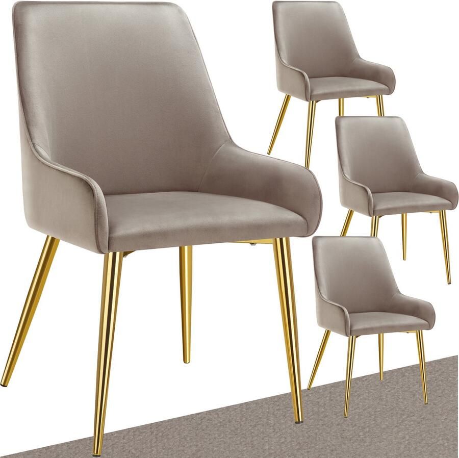 Tectake Eetkamerstoel Avane Fluweeloptiek Ergonomische Gestoffeerde Stoel met Gouden Stalen Poten Draagkracht 120 kg Moderne Woonkamer- en Keukenstoel Set van 4 – taupe