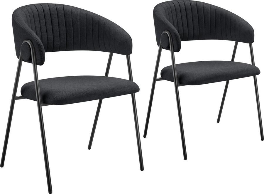 Tectake Eetkamerstoel Bedano Gestoffeerd Geweven stof Set van 2 Stijlvolle C-vormige leuning Hoogwaardig schuim Stabiele stalen poten 150 kg draagkracht Zwart - Foto 2