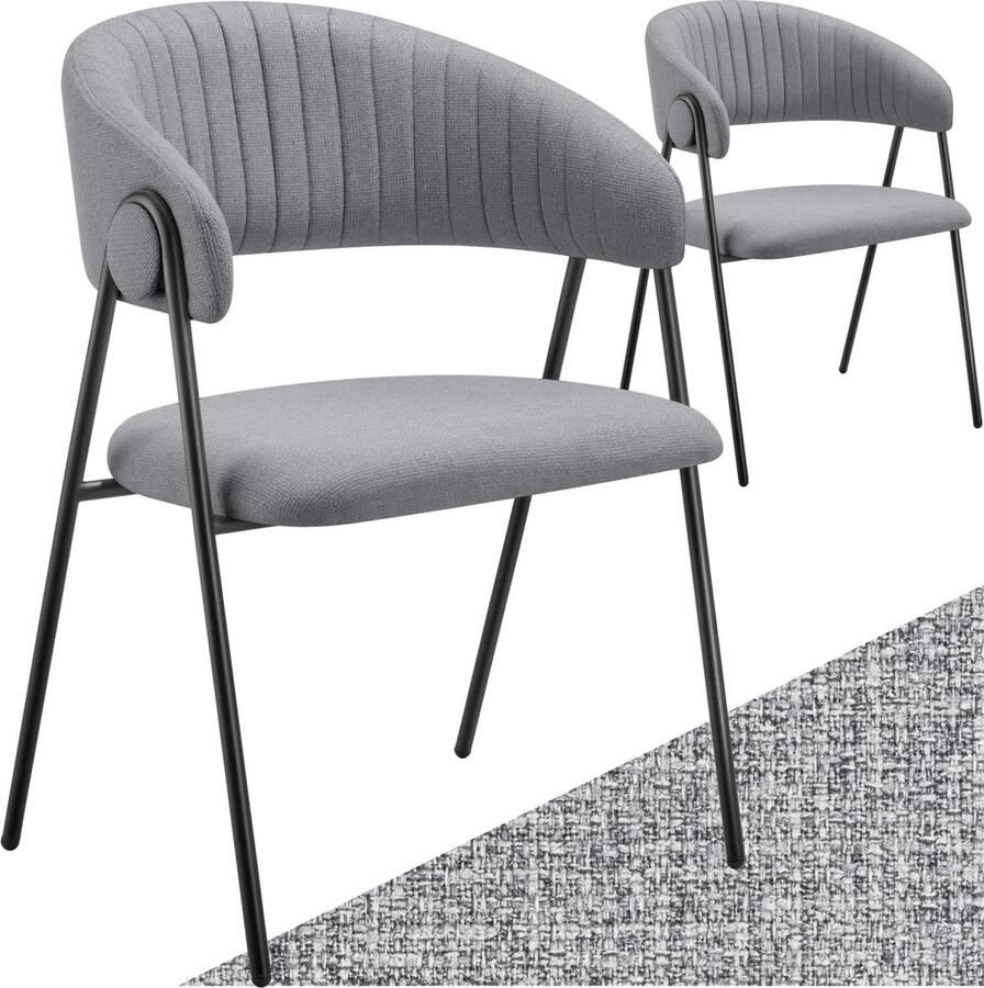 Tectake Eetkamerstoel Bedano Gestoffeerd Geweven stof Set van 2 Stijlvolle C-vormige leuning Hoogwaardig schuim Stabiele stalen poten 150 kg draagkracht Grijs