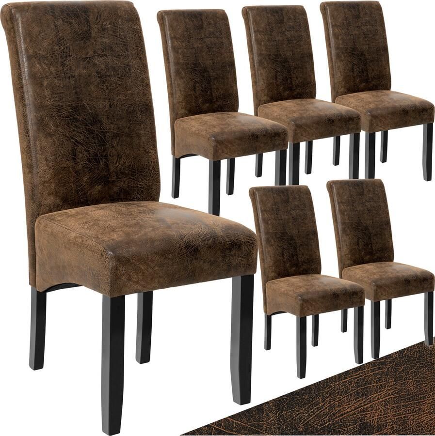 Tectake Eetkamerstoel Comfortabele kunstleren stoel met hoge rugleuning Keukenstoel voor keukentafel Gestoffeerde keukenstoel kleuren en sets Maximale belasting 120 kg Afmeting (LxBxH) 44 x 63 x 106 cm Set van 6 Antiek bruin