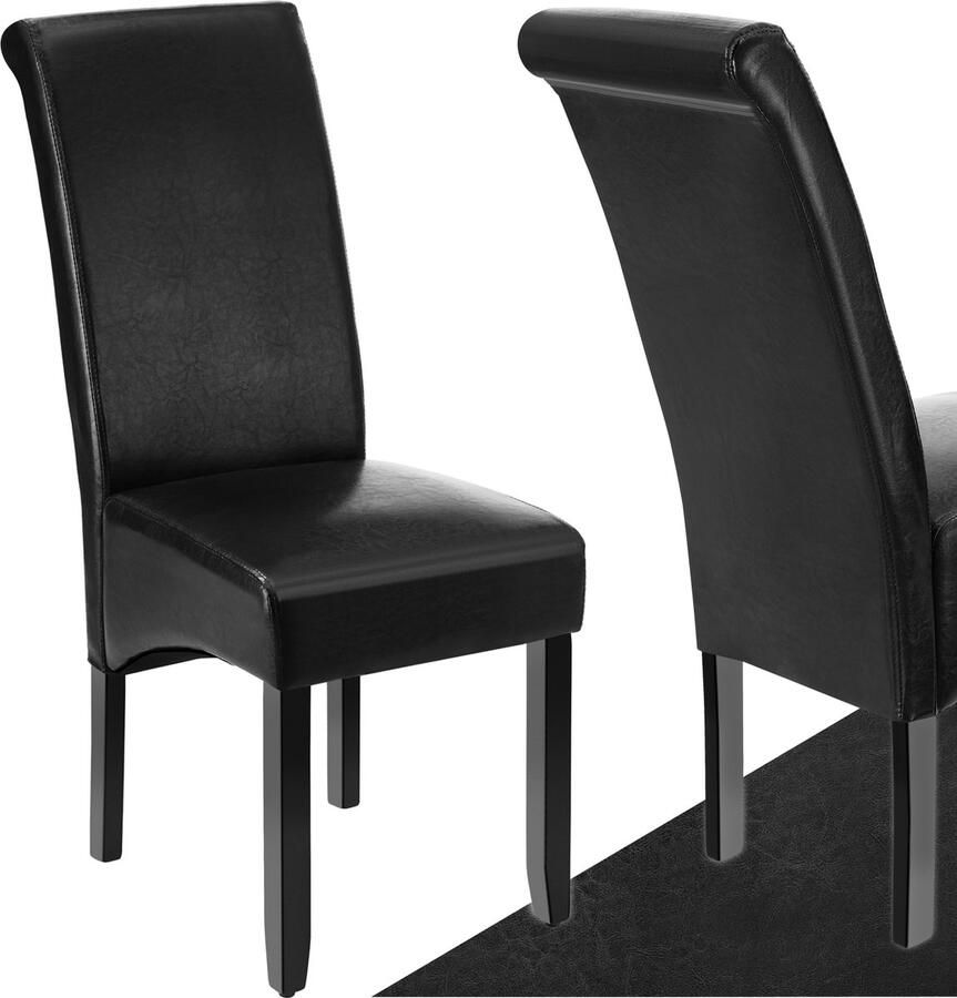 Tectake Eetkamerstoel Comfortabele kunstleren stoel met hoge rugleuning Keukenstoel voor keukentafel Gestoffeerde keukenstoel Maximale belasting 120 kg Afmeting (LxBxH) 44 x 63 x 106 cm Zwart - Foto 2