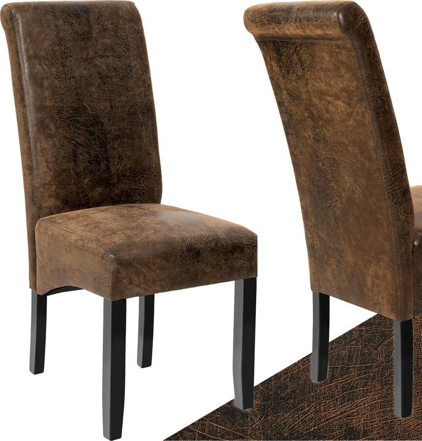 Tectake Eetkamerstoel Comfortabele kunstleren stoel met hoge rugleuning Keukenstoel voor keukentafel Gestoffeerde keukenstoel kleuren en sets Maximale belasting 120 kg Afmeting (LxBxH) 44 x 63 x 106 cm Antiek bruin
