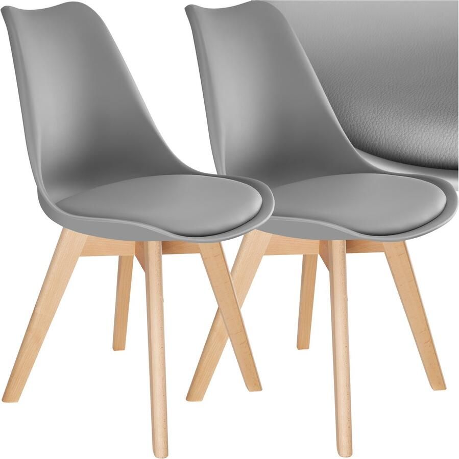 Tectake Eetkamerstoel Frederikke Set van 2 Eetkamerstoelen met Gevoerde Stoffen Zitting Massief Houten Poten Ergonomische Stoelen geschikt voor Woonkamer Eetkamer Slaapkamer en Keuken Draagkracht 120kg Grijs