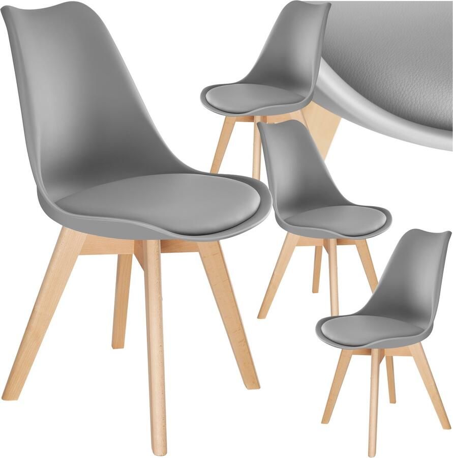 Tectake Eetkamerstoel Frederikke Set van 4 Eetkamerstoelen met Gevoerde Stoffen Zitting Massief Houten Poten Ergonomische Stoelen geschikt voor Woonkamer Eetkamer Slaapkamer en Keuken Draagkracht 120kg Grijs