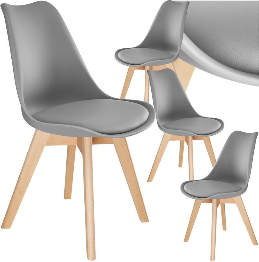 Tectake Eetkamerstoel Frederikke Set van 4 Eetkamerstoelen met Gevoerde Stoffen Zitting Massief Houten Poten Ergonomische Stoelen geschikt voor Woonkamer Eetkamer Slaapkamer en Keuken Draagkracht 120kg Grijs