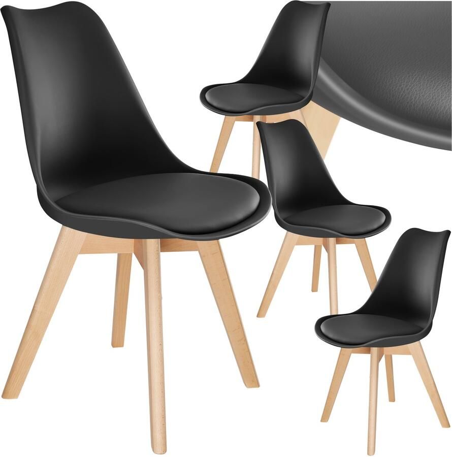 Tectake Eetkamerstoel Frederikke Set van 4 Eetkamerstoelen met Gevoerde Stoffen Zitting Massief Houten Poten Ergonomische Stoelen geschikt voor Woonkamer Eetkamer Slaapkamer en Keuken Draagkracht 120kg Zwart