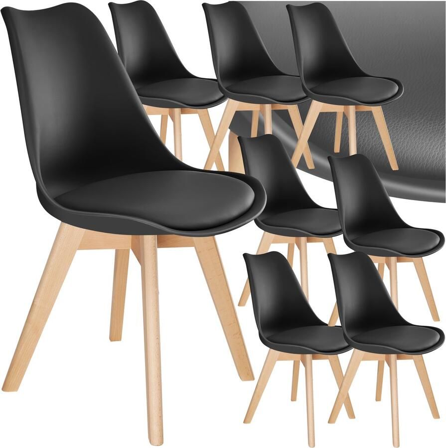 Tectake Eetkamerstoel Frederikke Set van 8 Eetkamerstoelen met Gevoerde Stoffen Zitting Massief Houten Poten Ergonomische Stoelen geschikt voor Woonkamer Eetkamer Slaapkamer en Keuken Draagkracht 120kg Zwart