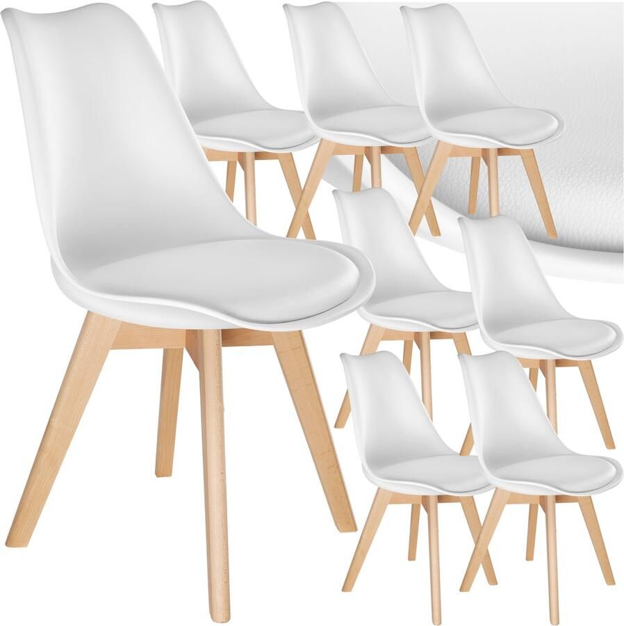 Tectake Eetkamerstoel Frederikke Set van 8 Eetkamerstoelen met Gevoerde Stoffen Zitting Massief Houten Poten Ergonomische Stoelen geschikt voor Woonkamer Eetkamer Slaapkamer en Keuken Draagkracht 120kg Wit