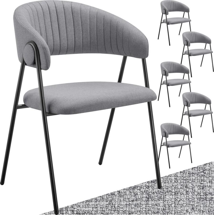 Tectake Eetkamerstoel Bedano Gestoffeerd Geweven Stof Set van 6 Stijlvolle C-vormige leuning Hoogwaardig Schuim Stabiele Stalen Poten 150 kg Draagkracht Grijs