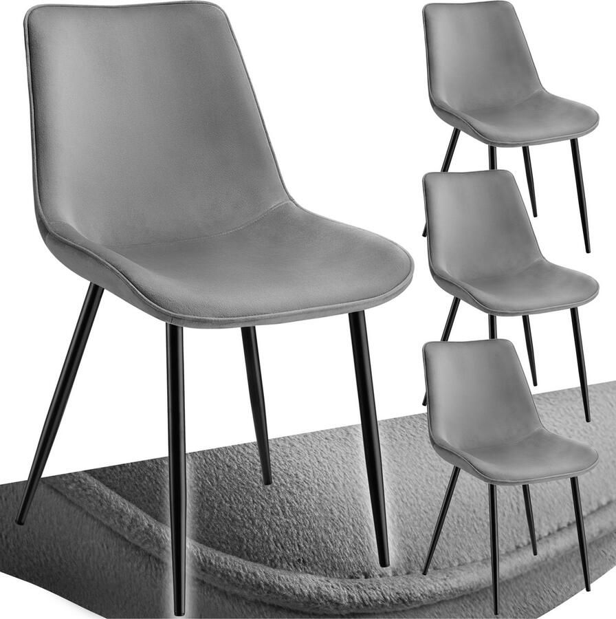 Tectake Eetkamerstoelen Set van 4 Fluwelen Stoffen Stoel met Rugleuning Ergonomische Eetkamerstoelen Comfortabele Keukenstoel Eetkamerstoel Cocktailstoel voor Lounge Eetkamer Keukentafel Grijs - Foto 2