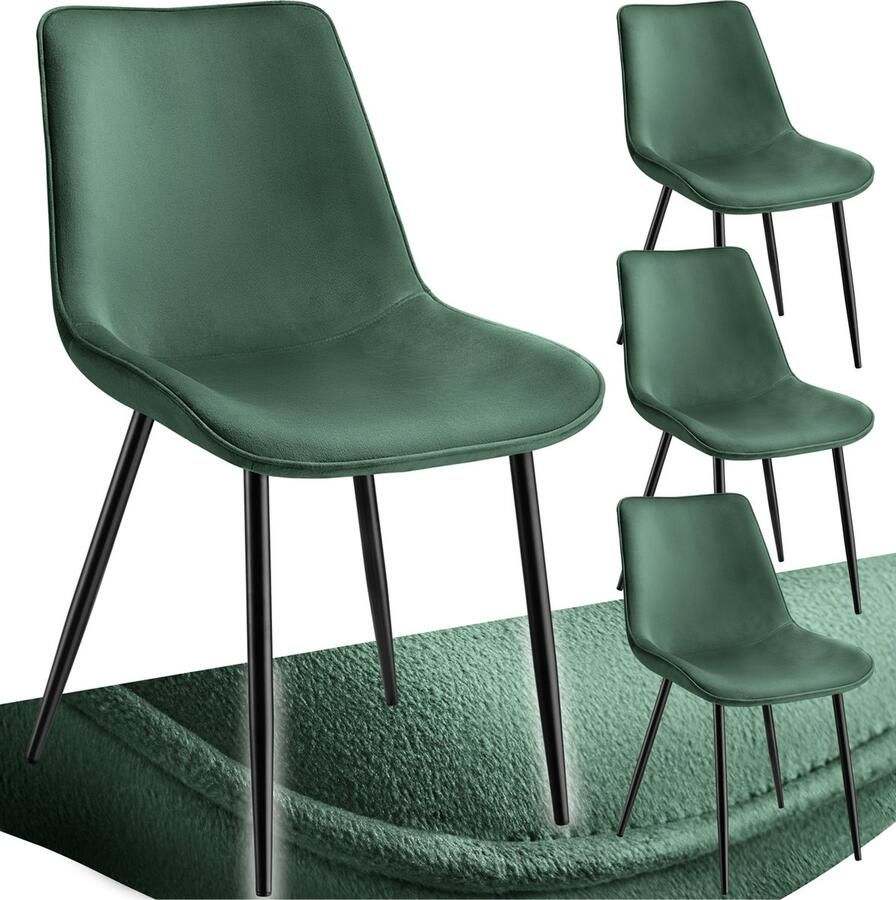 Tectake Eetkamerstoelen Set van 4 Stoel van Fluweelstof met Rugleuning Ergonomische Eetkamerstoelen Comfortabele Keukenstoel Eetkamerstoel Cocktailstoel voor Lounge Eetkamer Keukentafel Donkergroen - Foto 2