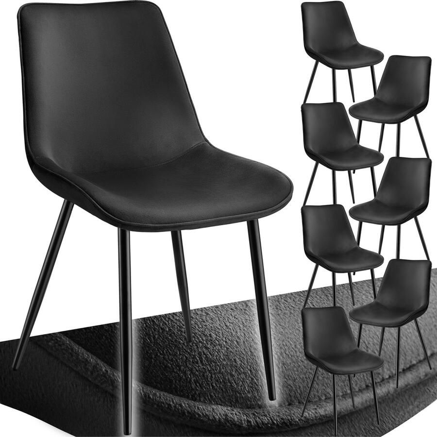 Tectake eetkamerstoelen set van 8 fluwelen gestoffeerde stoelen met rugleuning ergonomische woonkamerstoel met gevoerde fluwelen zitting comfortabele keukenstoel zwarte metalen poten zwart