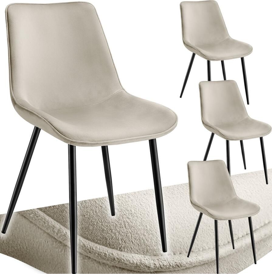 Tectake eetkamerstoelen set van 4 fluwelen gestoffeerde stoelen met rugleuning ergonomische woonkamerstoel met gevoerde fluwelen zitting comfortabele keukenstoel zwarte metalen poten creme - Foto 2
