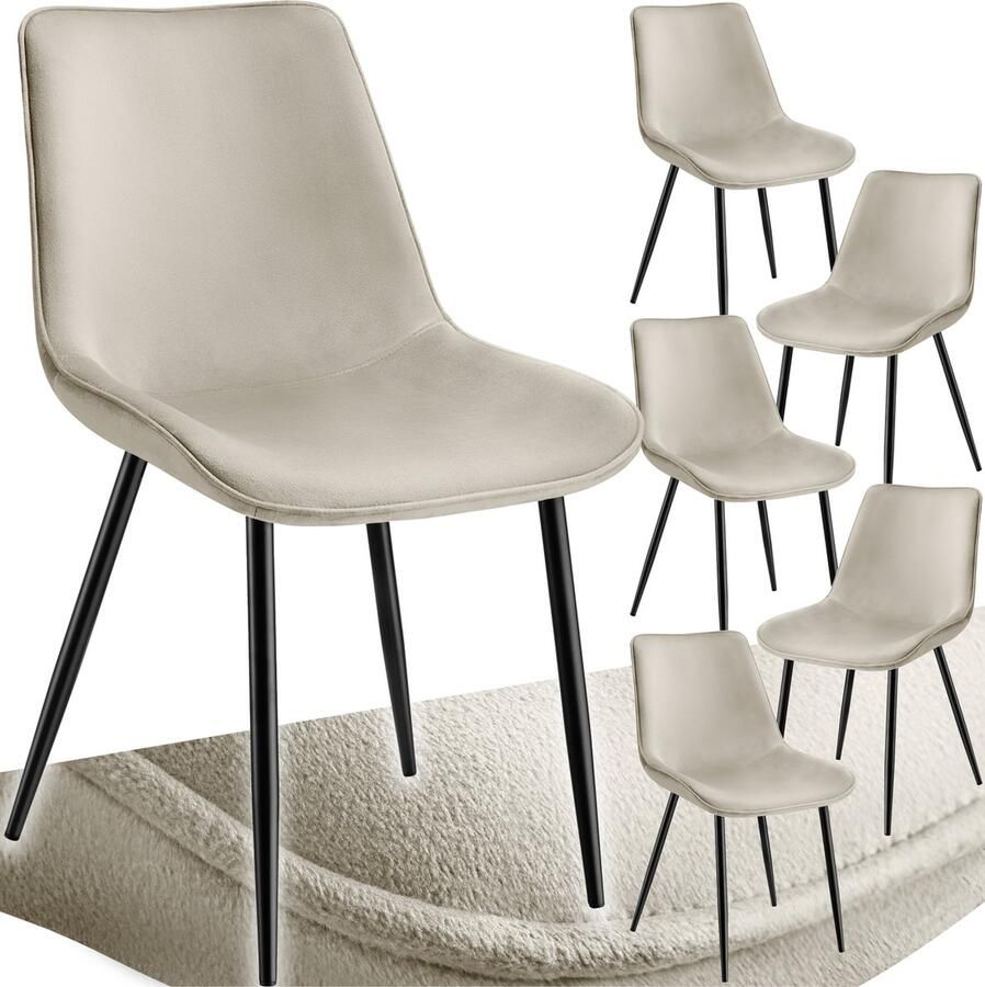 Tectake Eetkamerstoelen Set van 6 Fluwelen Stoffen Stoel met Rugleuning Ergonomische Eetkamerstoelen Comfortabele Keukenstoel Eetkamerstoel Cocktailstoel voor Lounge Eetkamer Keukentafel Crème - Foto 2