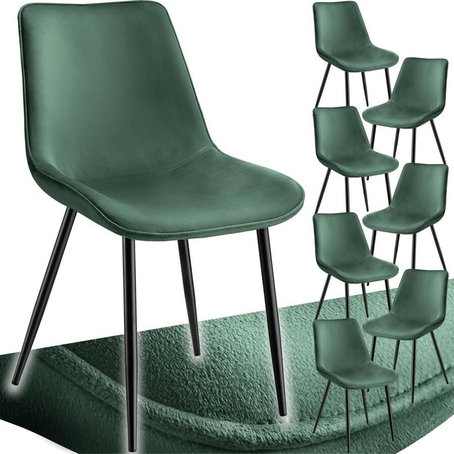 Tectake eetkamerstoelen set van 8 fluwelen gestoffeerde stoelen met rugleuning ergonomische woonkamerstoel met gevoerde fluwelen zitting comfortabele keukenstoel zwarte metalen poten donkergoen