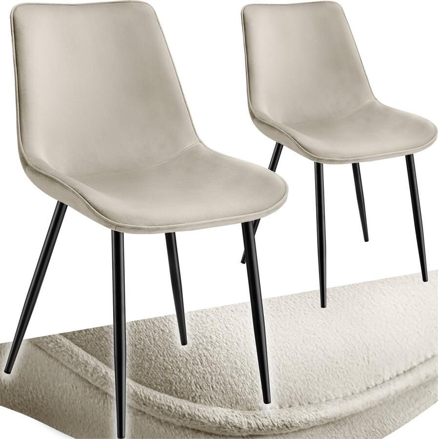 Tectake eetkamerstoelen set van 2 fluwelen gestoffeerde stoelen met rugleuning ergonomische woonkamerstoel met gevoerde fluwelen zitting comfortabele keukenstoel zwarte metalen poten creme - Foto 2
