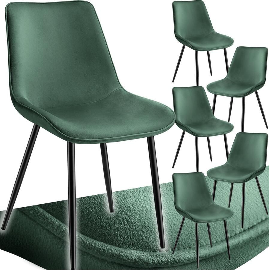 Tectake eetkamerstoelen set van 6 fluwelen gestoffeerde stoelen met rugleuning ergonomische woonkamerstoel met gevoerde fluwelen zitting comfortabele keukenstoel zwarte metalen poten donkergoen - Foto 2