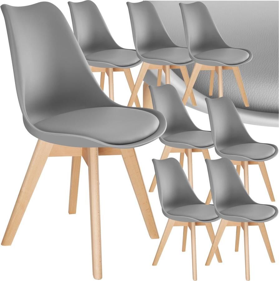 Tectake Eetkamerstoel Gevoerde stoffen zitting Poten van bruin massief hout Woonkamer eetkamer slaapkamer en kantoor Draagkracht 120 kg Afmeting (BxDxH) 49 x 56 x 82 5 cm Set van 8 Grijs