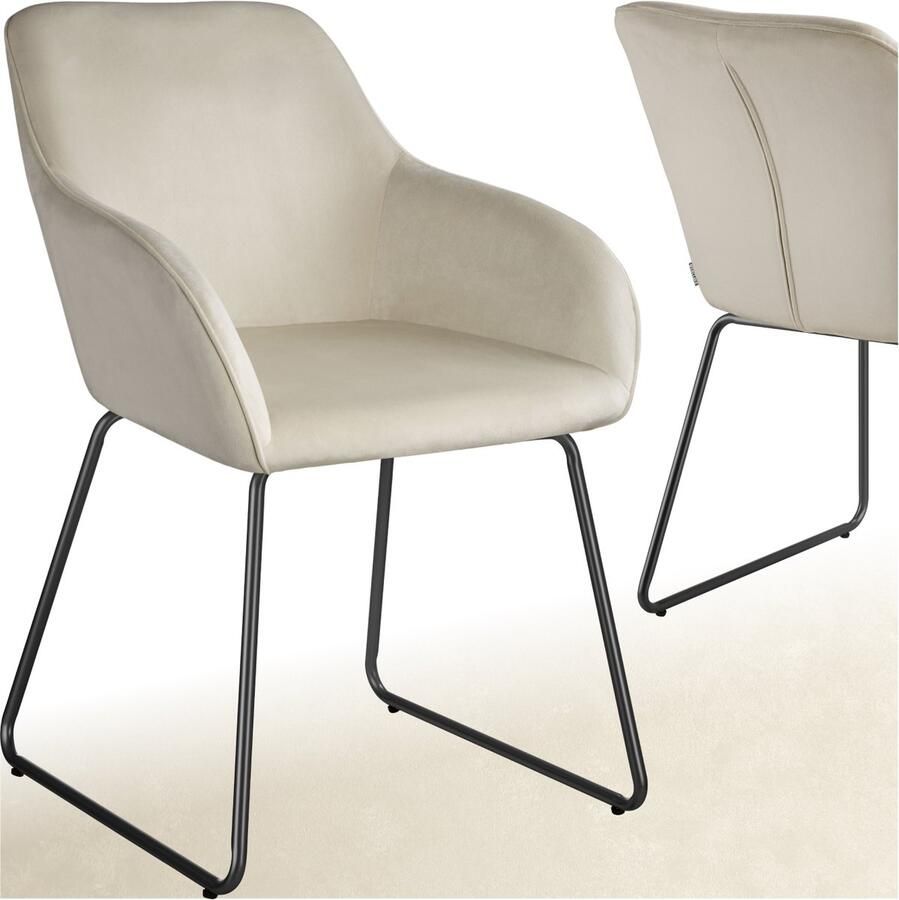 Tectake Eetkamerstoel Jeane Met doorlopende rugleuning en armleuning Kuipstoel met fluwelen bekleding Stijlvolle keukenstoel voor eetkamer of woonkamer Slipvrije en vloerbeschermende voetjes Crème zwart