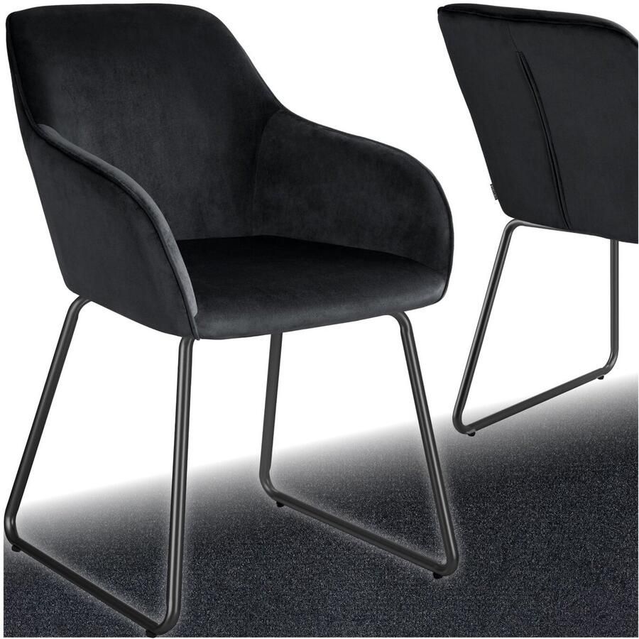 Tectake Eetkamerstoel Jeane Met doorlopende rugleuning en armleuning Kuipstoel met fluwelen bekleding Stijlvolle keukenstoel voor eetkamer of woonkamer Slipvrije en vloerbeschermende voetjes Zwart zwart