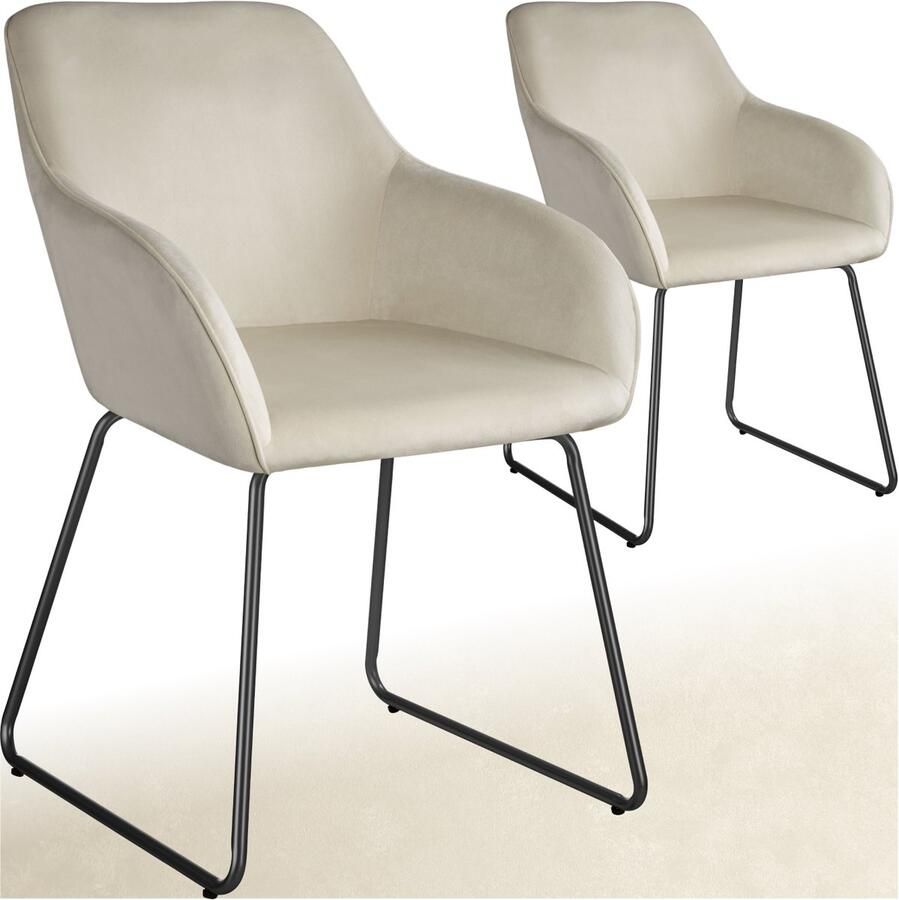 Tectake Eetkamerstoel Jeane Set van 2 Eetkamerstoelen Met doorlopende rugleuning en armleuning Kuipstoelen met fluwelen bekleding Stijlvolle keukenstoelen voor eetkamer of woonkamer Slipvrije en vloerbeschermende voetjes Crème zwart